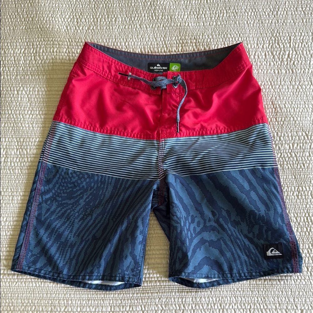 Quiksilver Red and Blue Board Shorts with Color Block Design